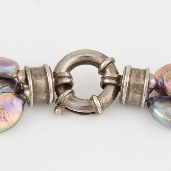 Vintage Coin Pearl Necklace Knotted Triple Strand Iridescent Purple 34” Long - Picture 5 of 6